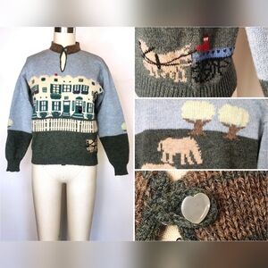 Vintage Hand Knit Novelty Sweater Scenery House Horses Carriage Trees XS S